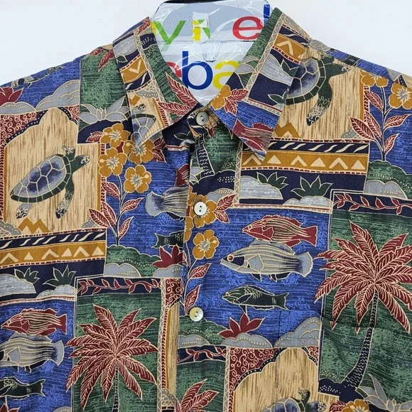 Tori Richard Shirt Mens Large Turtles Palm Trees AOP Hawaiian Button Up - Picture 2 of 9